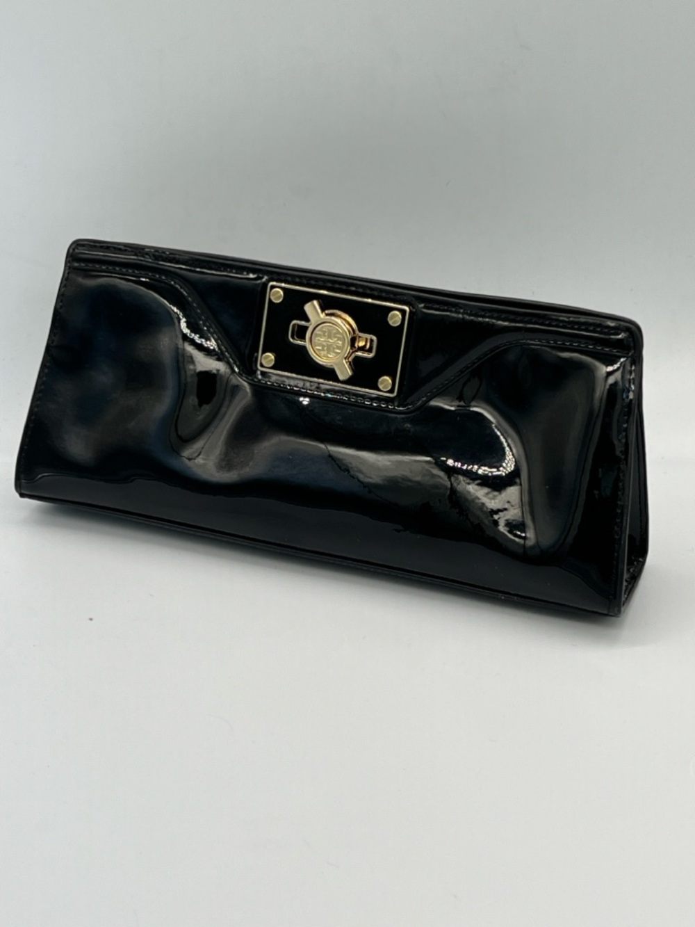 Tory Burch Black Patent Leather Clutch with Gold Hardware